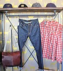 Bucks & Does snap-back hats ($44–$52); Mulholland bison leather “Downtown Messenger” ($360); men’s Nudie Jeans ($250); Nudie Jeans plaid “Gunnar” top ($155)