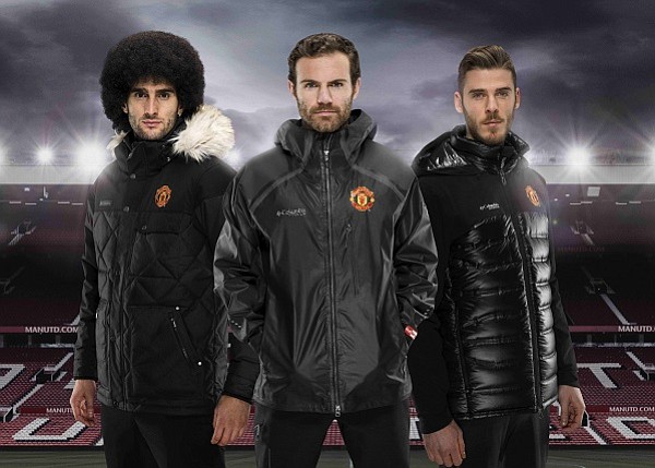 Manchester United players, Marouane Fellaini, Juan Mata, and David De Gea, wearing 
wearing jackets from the Columbia + Manchester United collection. (Photo from Business Wire)