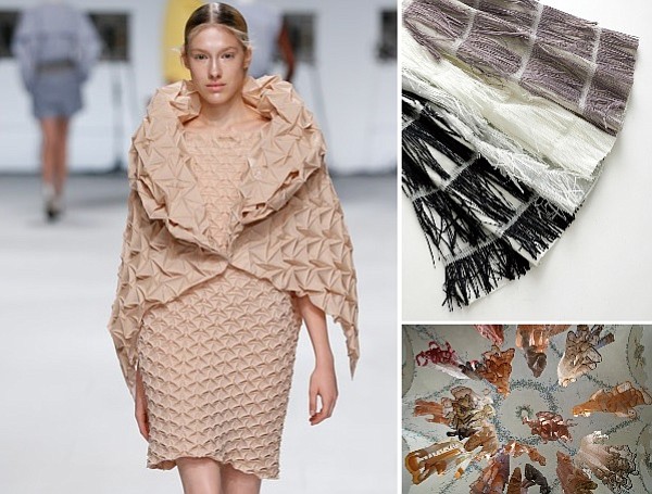 Pictured clockwise from top left: Issey Mikake’s signature pleated designs, Knoll Textiles and an images from the Scraps: Fashion, Textiles and Creative Reuse exhibition at the Cooper Hewitt Smithsonian Design Museum