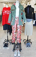 Above from left to right: No. 21 red sweater $460, No. 21 black skirt $595, Madeworn jacket $465, Jimi Roos top $295, For Restless Sleepers floral pants $495, Isabel Marant Etoile sweater $290 and tank $130, Organic by John Patrick slipdress $235. All sneakers are Golden Goose.