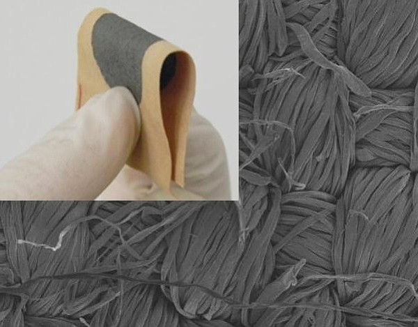 Conductive cotton fabric printed with graphene-based ink and an electron microscopy image of the fabric (both images by Jiesheng Ren)