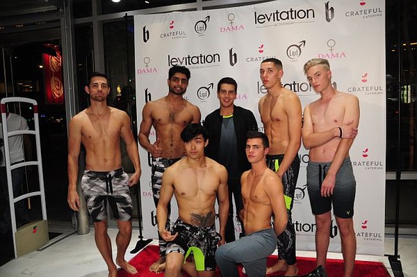 Group shot of Levitation Activewear models and designer Sean Scott. Sean is in the middle, the only one wearing a shirt. All images by Payam Emrani