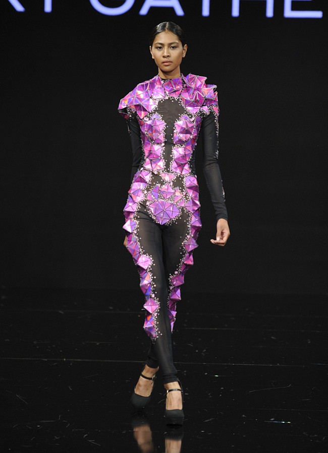 BEVERLY HILLS, CA - MARCH 17:  A model walks the runway wearing Rocky Gathercole at Art Hearts Fashion LAFW Fall/Winter 2017 - Day 4 at The Beverly Hilton Hotel on March 17, 2017 in Beverly Hills, California.  (Photo by Arun Nevader/Getty Images)