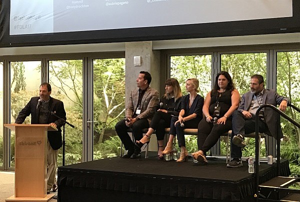 Moderator Drew Koven, founder/CEO of LDR Ventures with panelists Tony Drockton, CEO of Hammitt; Aubrie Pagano, CEO of Bow and Drape; Chelsea Moore, founder of BOXFOX, Rebecca Kaden, partner at Maveron; and Asher Leids, investor with Tacitus Ventures.

