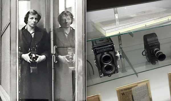 Vivian Maier self-portrait, left, some of the cameras she used, right