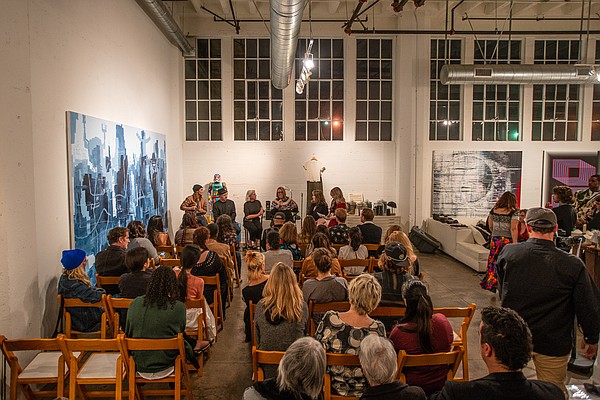 Rachael Staudt, the founder of FiberGirl Designs, speaks during the designers' panel.
Photo: Kris Kish