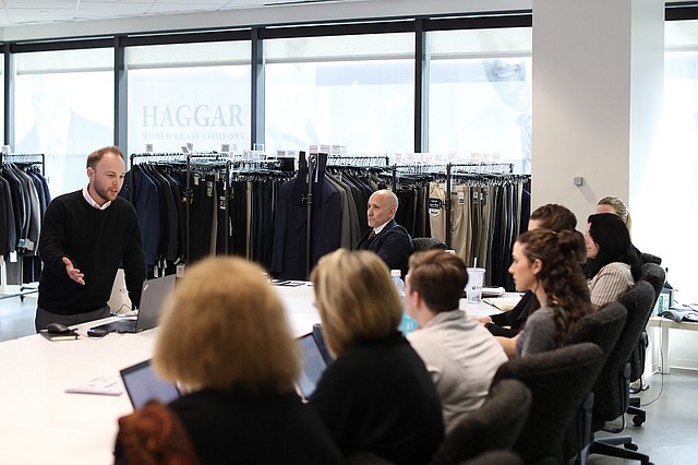 Zachary Hall, a graduate of FIDM's menswear program, presented his collection concept to Haggar executives in Dallas during the SuperLab design competition.
Photo: FIDM