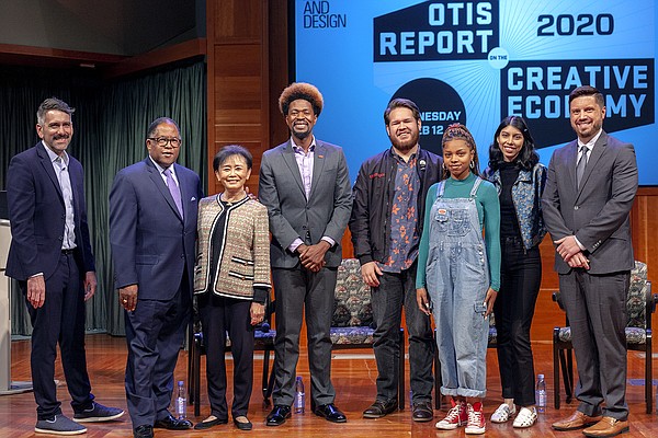 From left, Otis College’s Jeffrey Perkins; Supervisor Ridley Thomas; Mei-Lee Ney, chair of Otis College’s board of trustees; Amir Whitaker of ACLU of Southern California; Otis College student Juan Carlos Cruz; Foshay Learning Center student Alysha Boone; Otis College student Daisy Rosas; and Beacon Economics’ Adam Fowler. Photo: Monica Nouwens