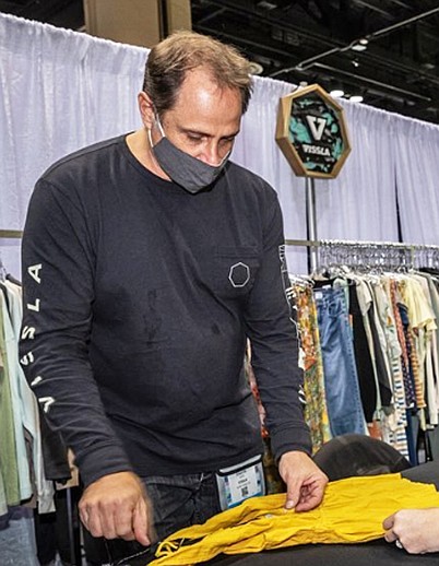 At the Vissla booth, strong categories included boardshorts, sofa-surfer walks, tees and long-sleeve wovens in addition to wet suits due to the rise in popularity of surfing, a naturally socially distanced sport.