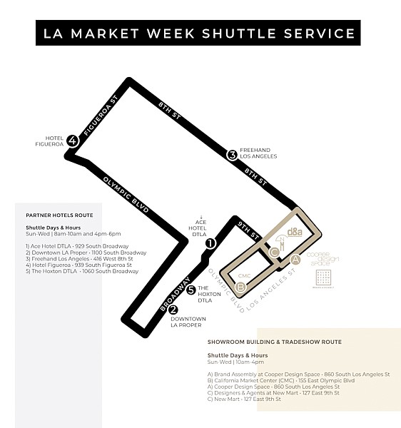 This map detail shows the route a complimentary shuttle will take between the new L.A. market group’s participating hotels and market centers. | Photo courtesy of L.A. Market Group