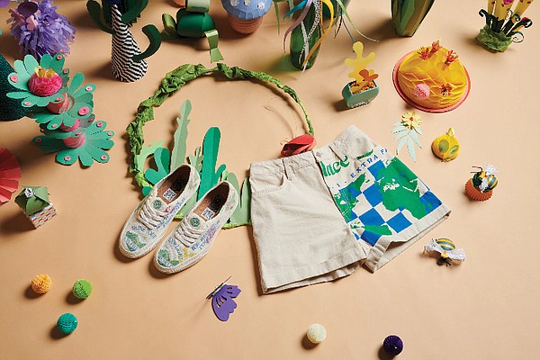 Vans’ new Eco Positivity Pack uses organic and recycled materials in both the footwear and apparel, with the Circle Vee featuring a knit upper section made with 47 percent organic cotton, 47 percent hemp. Long and short-sleeve tees made with organic cotton and the shacket and shorts are made from organic cotton canvas. Image: Vans