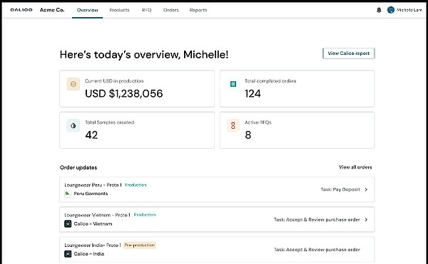Calico provides an AI-powered smart supply-chain management platform that allows brands to run their supply chains without using spreadsheets and emails. Brands are able to reduce production errors and get products to market faster using Calico. Image: Calico