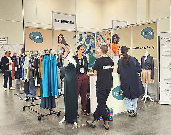 Textile Exchange relayed the urgency of climate action through different offerings, such as an exhibitor floor, a photographic installation and information sessions during its Conference 2024. Pictured, Naia from Eastman.