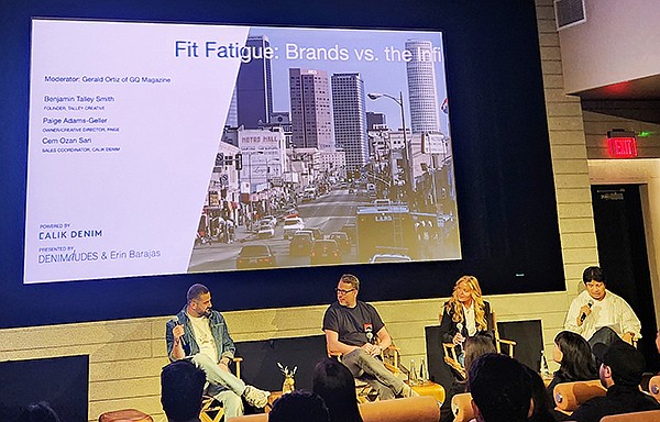 Cem Ozan Sari of Calik Denim, Benjamin Talley Smith of Talley Creative, Paige Adams-Gellar of Paige and Gerald Ortiz of GQ magazine discuss variety in denim silhouettes during the Here|After panel “Fit Fatigue: Brands vs. the Infinite Scroll of Silhouettes.”
