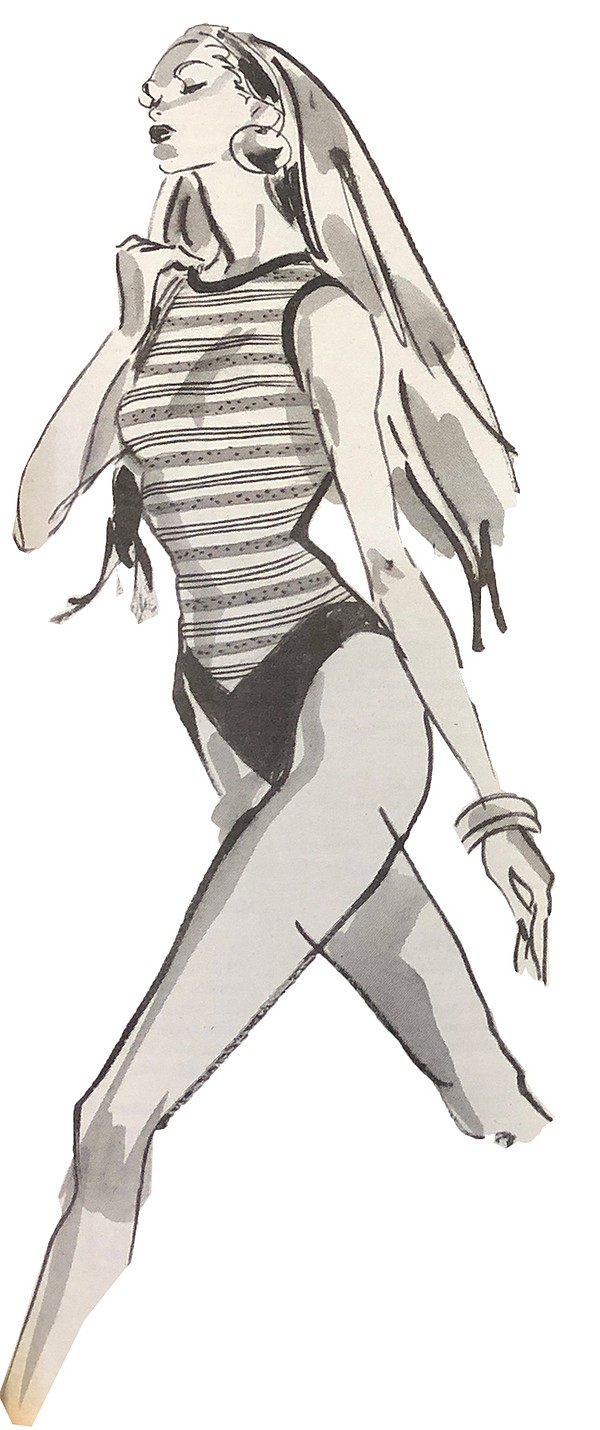 Sirena’s high-neck, soft-cup maillot in a Jaspé stripe with solid insets at the legs