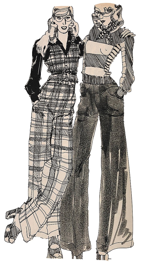 Plain Jane (left) madras cutaway vest closes up with six little buttons over front pleated high-waisted trousers. Cecily knits up a crew-neck sweater with skinny ribbed waist.